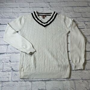 Classic White w/ Navy Trim VNeck Cable Knit Sweater. Size Small. Nautical.Preppy